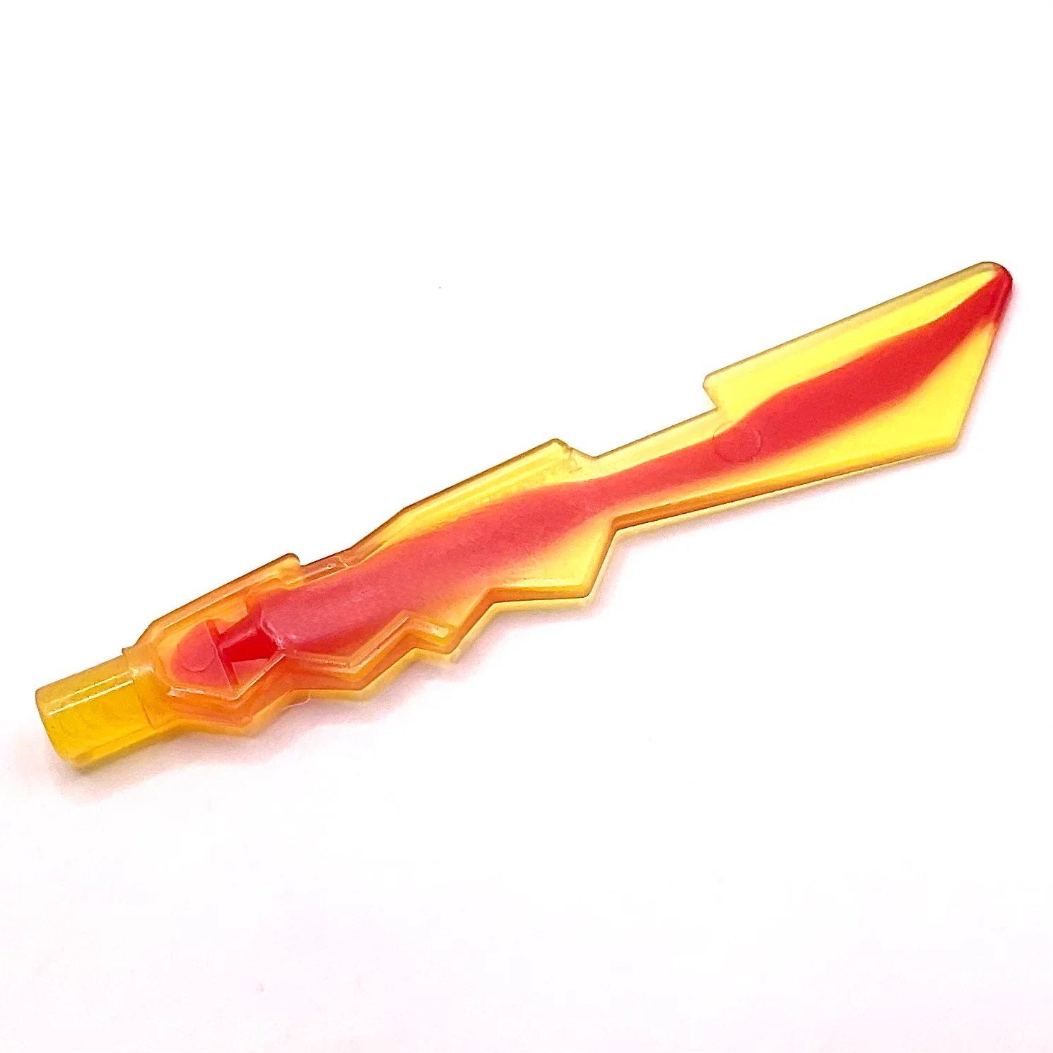 Minifigure, Weapon Sword Blade with Jagged Edges and Bar End with Marbled Trans-Red Pattern, Part# 11439pb03